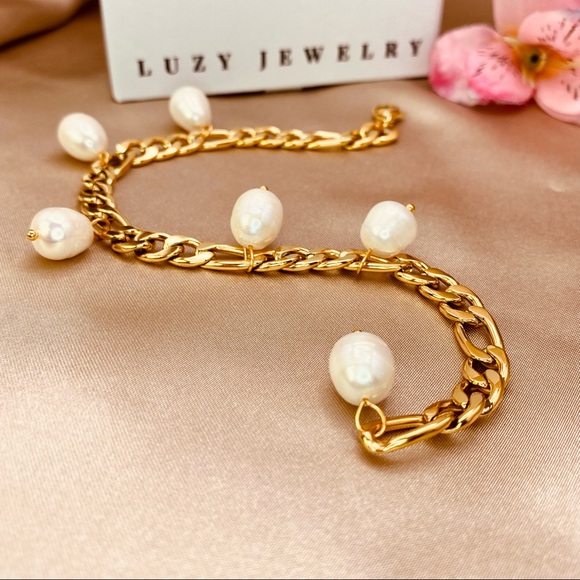 18K Gold Six Freshwater Pearls Charms Fígaro Link Anklet - Picture 6 of 10
